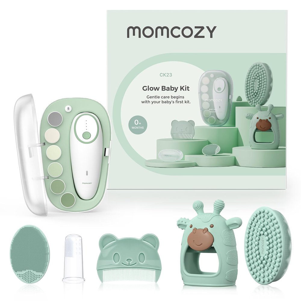 Momcozy Baby Kit, Baby Shower & Registry Essential Kit for Grooming & Cleansing Care, Includes Electric Nail File, Teether, Bath Brush, Cradle Cap Brush,Comb, Finger Toothbrush,Newborn Must-Have