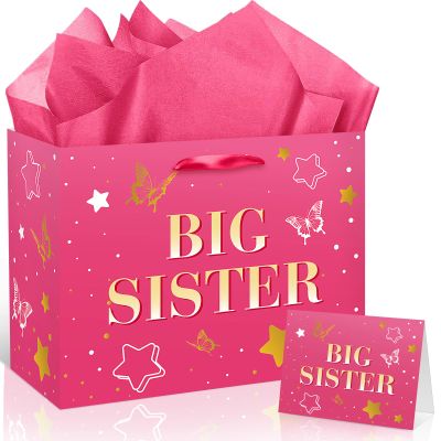 Big Sister Gift Bag for Girls, Hot Pink Big Sister Gift Bag with Tissue Paper and Greeting Card Pink Wrapping Paper Star Butterfly New Sister Party Decoration for Little Girl Birthday Party Supplies