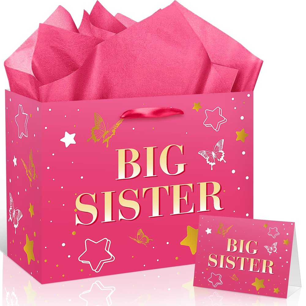 Big Sister Gift Bag for Girls, Hot Pink Big Sister Gift Bag with Tissue Paper and Greeting Card Pink Wrapping Paper Star Butterfly New Sister Party Decoration for Little Girl Birthday Party Supplies