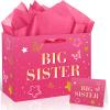 Big Sister Gift Bag for Girls, Hot Pink Big Sister Gift Bag with Tissue Paper and Greeting Card Pink Wrapping Paper Star Butterfly New Sister Party Decoration for Little Girl Birthday Party Supplies view 1