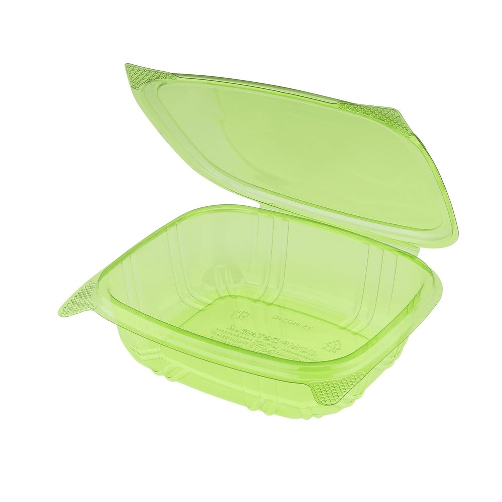 KARAT EARTH 24 oz PLA Hinged Deli Containers with Flat Lid, BPI Certificated Disposable Take Out Containers for Pasta Salads, Fruit, Deli Sides, and Home Meal Prep - (Case of 200) - KE-HDC24-G
