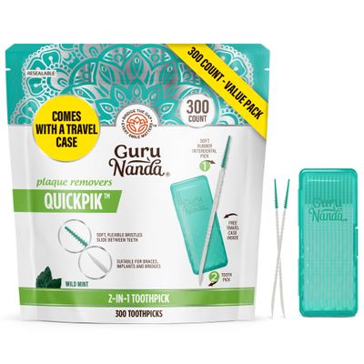 GuruNanda 2-in-1 QuickPik Toothpick & Interdental Pick Soft Rubber Bristles for Plaque Removal & Improved Oral Care, Comes with a Travel Case for On-The-Go Use, 300 Ct