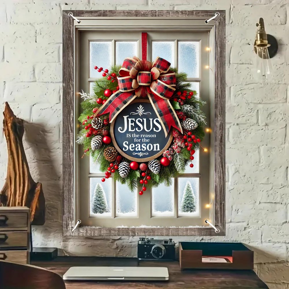 BlissYard Christmas Window Decorations 32x47 Inch Christmas Window Cover Inspirational Plaid Bow Pinecones Berries Snow Frost Trees Windows Silhouette for Indoor Outdoor Holiday Party Decor