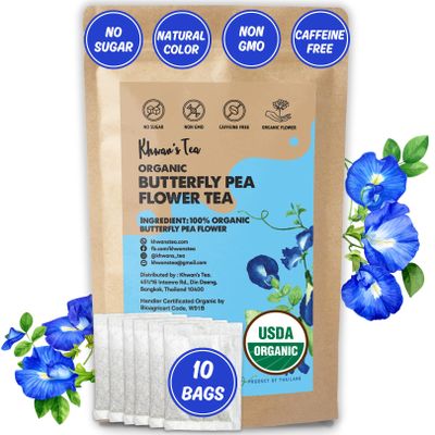 KHWAN'S TEA Organic Butterfly Pea Flower Tea Bags 10 Count(2g/each) USDA Organic, Caffeine-Free Herbal Tea, Color-Changing Blue Tea from Thailand, Vegan & Non-GMO, Whole-Flower Tea Bags