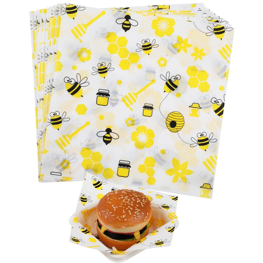 GeeRic 100 Pcs Wax Paper Sheets for Food, 7 * 7 Inch Bee Day Wax Paper Sandwich Wrap Deli Wraps, Oil-Proof Picnic Basket Liners with Bee Pattern for Memorial Day
