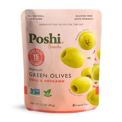 POSHI Green Pitted Olive Snack Packs, Chili & Oregano, 1.1 oz (Pack of 30)