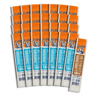 Archer Jerky Mini Beef Jerky Sticks - Grass-Fed Meat Sticks, Individually Wrapped, Mini Protein Snack, Gluten Free, Low Carb, Keto - .5 oz Original Beef (Pack of 28) & .5 oz Original Turkey (1ct)