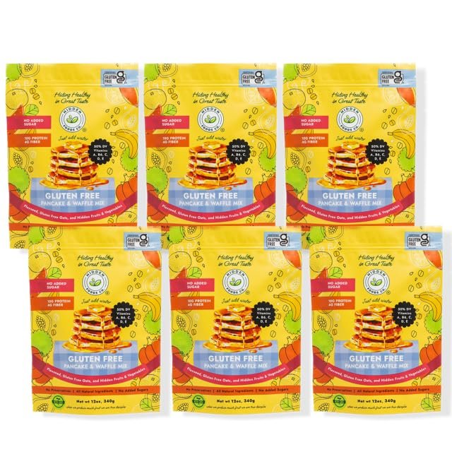 Hidden Foods Homestyle Gluten Free Protein Pancake Mix Oats, Fruit & Veggie Blend No Sugar Added Contains Milk Monk Fruit Sweetener Protein & Fiber Breakfast Meal Just Add Water - 12 oz - 6 Pack