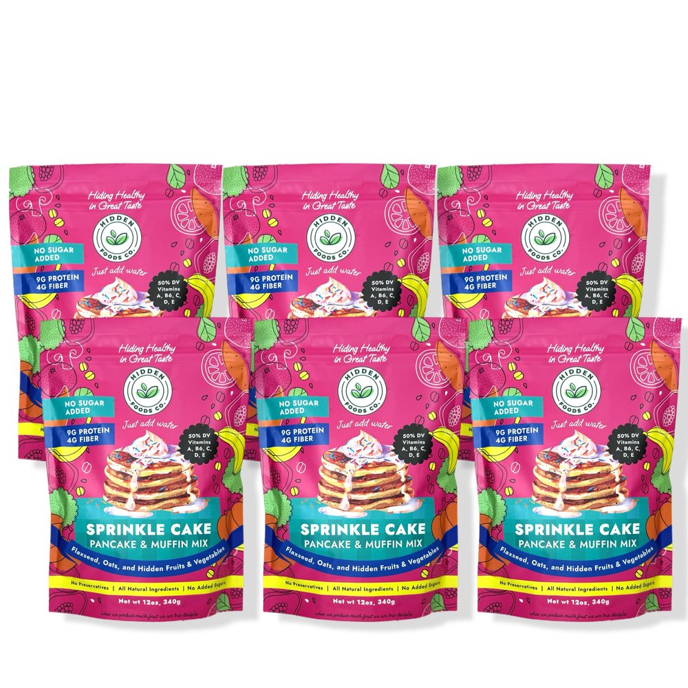 Hidden Foods Sprinkle Pancake & Muffin Mix, Made With Natural Oats, Flaxseed, Fruits & Vegetables | No Added Sugars, Healthy Blend of Protein & Fiber | Breakfast Meal, Just Add Water - 12 Oz - 6 Pack