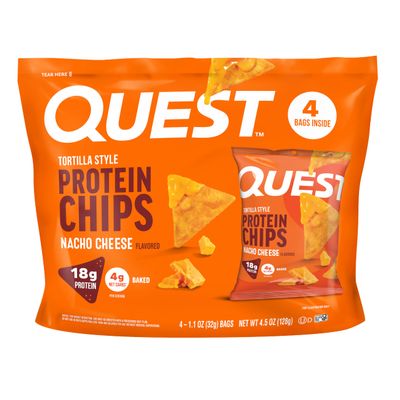 Quest Nutrition Nacho Cheese Tortilla Style Protein Chips, 18g Protein, 4g Net Carb, Low Carb, Gluten Free, 1.1 oz (Pack of 4)
