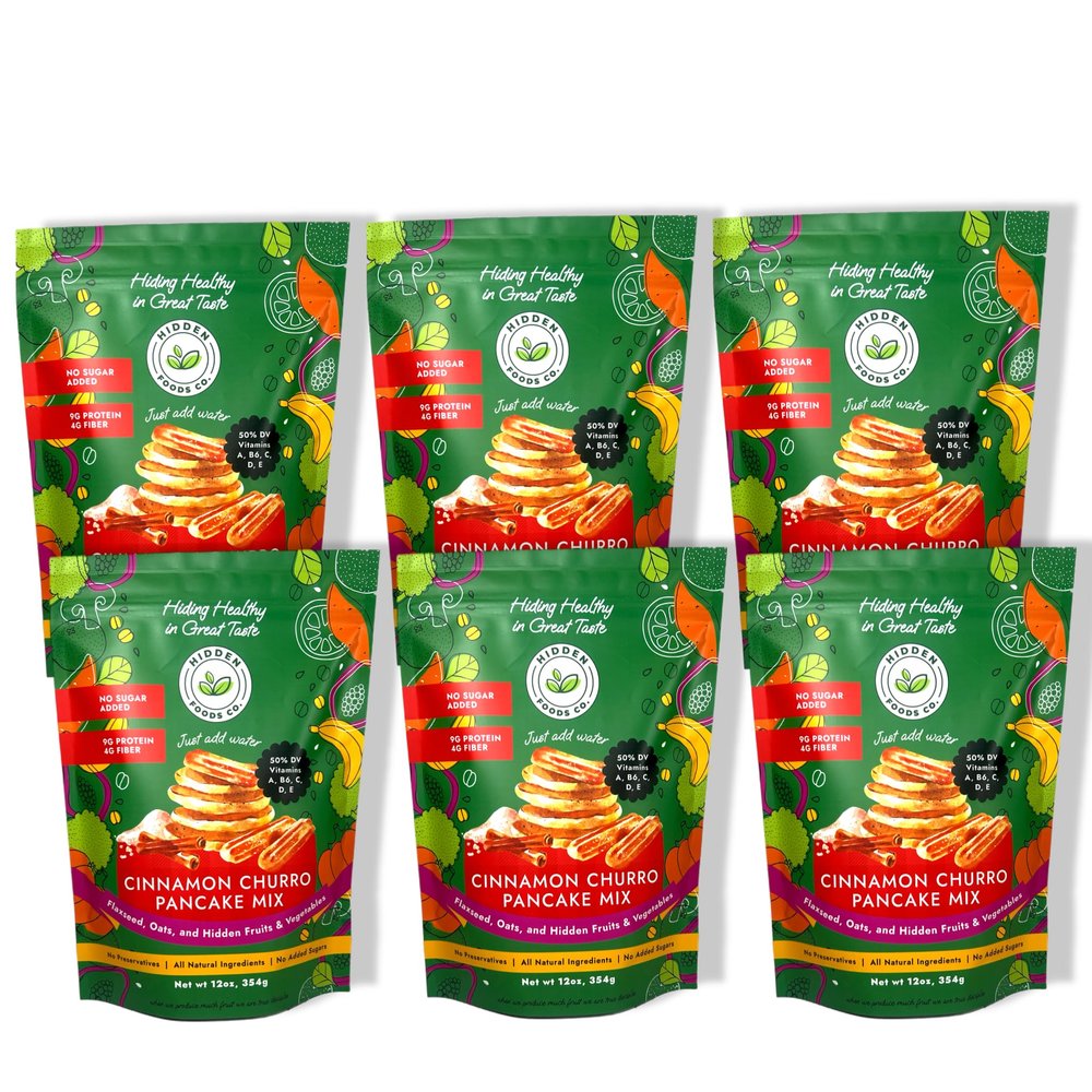 Hidden Foods Cinnamon Pancake Golden Brown Monk Fruit Cinnamon Bun Pancake - Fiber and Protein Churro Pancake Mix with Wheat & Oat Flour Blend of Vegetables - Fully Fiber Waffle Mix Meal 6 Pack