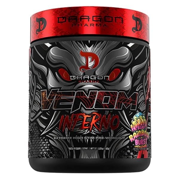 DRAGON PHARMA Venom Inferno, Extreme High-Stim Pre-Workout, Explosive Energy and Unparalleled Focus (40 Servings, Sour Rainbow Burst)