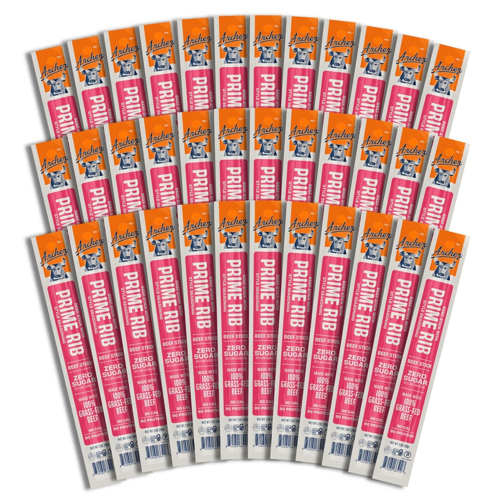 Archer Jerky Prime Rib Style Beef Jerky Sticks - Grass Fed Beef, Individually Wrapped, Protein Snack Packs Bulk, Gluten Free, Paleo, Keto - 1 oz Meat Sticks (Pack of 36)