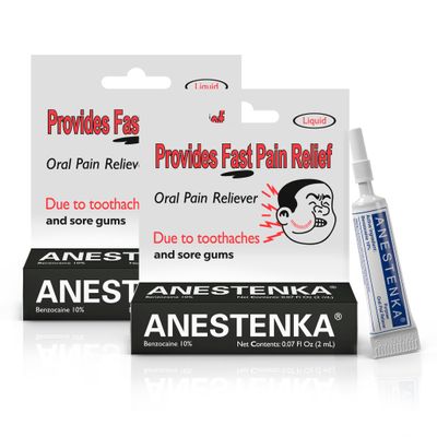 ANESTENKA Tooth Pain Relief Solution with Benzocaine for All Ages; Numbing Cream for Toothache, Gum, and Nerve Pain; Liquid Oral Pain Relief for Dentures, Braces; 0.07 Fl Oz | 2-Pack