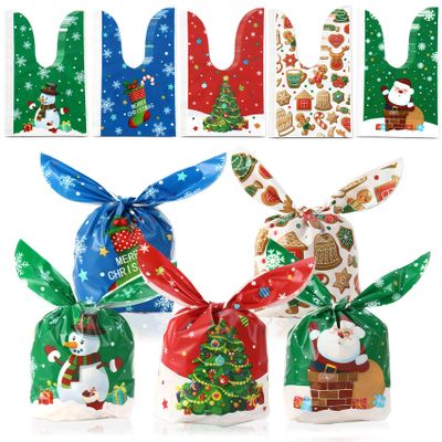 Christmas Treat Bags, 100 Pcs Xmas Plastic Cellophane Goodie Candy Cookie Rabbit Ears Gift Bag, Plastic Snack Goody Present Wrapping Bag for Christmas Holiday Event Party Favors Decoration (5 Designs)