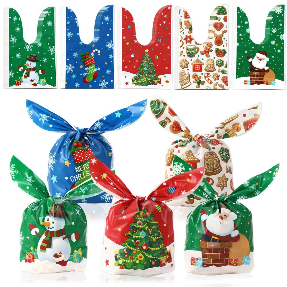 Christmas Treat Bags, 100 Pcs Xmas Plastic Cellophane Goodie Candy Cookie Rabbit Ears Gift Bag, Plastic Snack Goody Present Wrapping Bag for Christmas Holiday Event Party Favors Decoration (5 Designs)