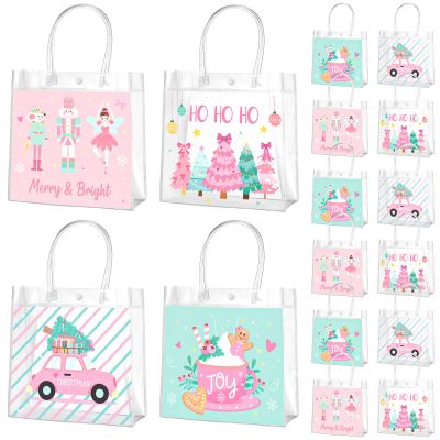 Zhanmai 24 Pcs Pink Christmas Gift Bags with Handles Clear Xmas Holiday Party Favor Bags Bulk 4 Styles Nutcracker Gingerbread for Holiday Presents Wrapping Treat Favors Supplies, 8 x 8 x 3.15 Inch