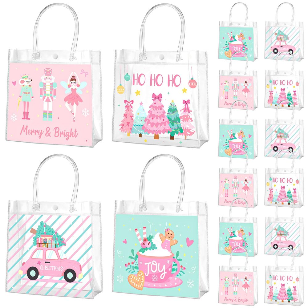 Zhanmai 24 Pcs Pink Christmas Gift Bags with Handles Clear Xmas Holiday Party Favor Bags Bulk 4 Styles Nutcracker Gingerbread for Holiday Presents Wrapping Treat Favors Supplies, 8 x 8 x 3.15 Inch