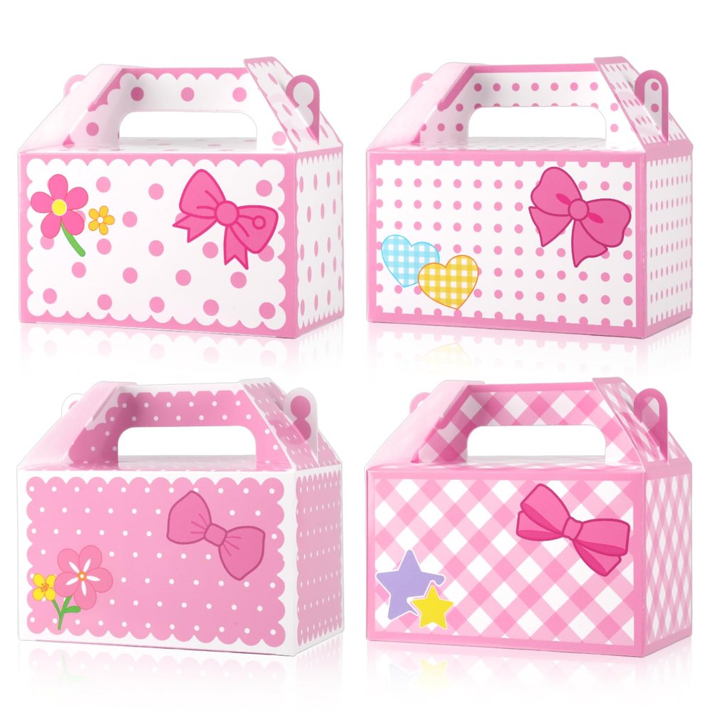 12Pcs Pink Cats Party Favor Box Pink Bow Paper Treat Boxes Cartoon Cat Them Party Decorations Bow Tie Flower Candy Gift Boxes with Handles for Birthday Bachelorette Baby Shower Decor Supplies