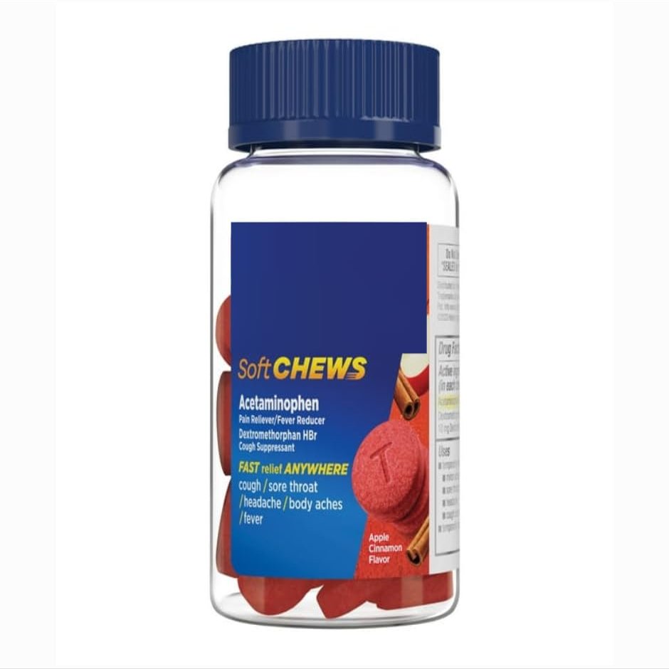 SEDLAV Soft Chews, Daytime Severe Cold Relief Cold and Flu Medicine, Adult Formula, Apple Cinnamon Flavor, 20 Chewable Tablets, Sticker,