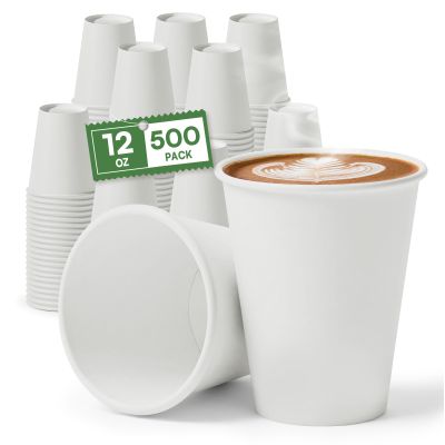 12 oz Coffee Cups Disposable White Paper Cups, 500 Pack BPA Free Leak Proof Hot Cups, 300GSM Thickened Disposable Cups,Unbleached Hot Cold Drink Cups for Everyday Home Office Coffee Bar Party Supplies