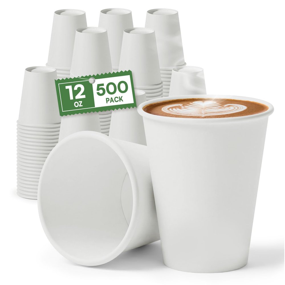 12 oz Coffee Cups Disposable White Paper Cups, 500 Pack BPA Free Leak Proof Hot Cups, 300GSM Thickened Disposable Cups,Unbleached Hot Cold Drink Cups for Everyday Home Office Coffee Bar Party Supplies
