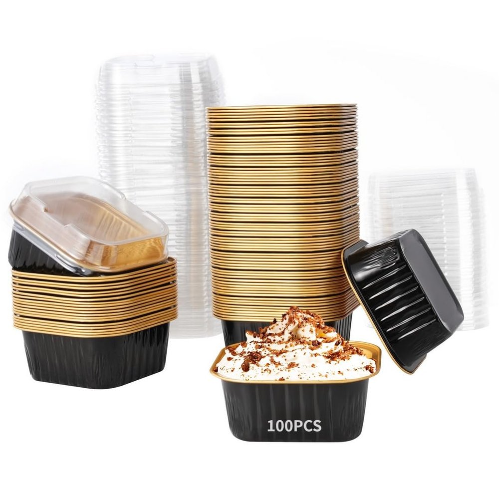100 Disposable Foil Cups With Lids, Square Ramekins, Baking Muffin Containers, Perfect For Dessert Serving At Parties And Picnics