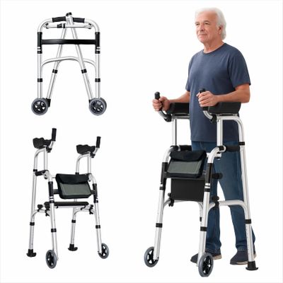 Folding Walker with Armrest Pad - Upright Walker for Seniors, Standing Mobility Aid for Indoor & Outdoor, 300lb Weight Capacity, Height Adjustable (Silver+Rest Bench)
