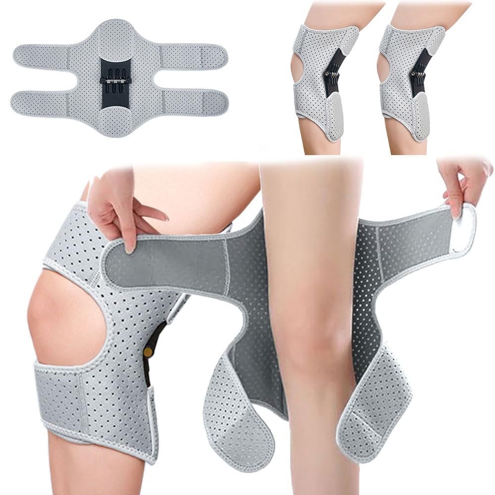 Adjustable Knee Booster Brace for Climbing, Running, Fitness Compression Knee Support for Men and Women, Breathable Spring Knee Sleeve for Outdoor Sports (grey)