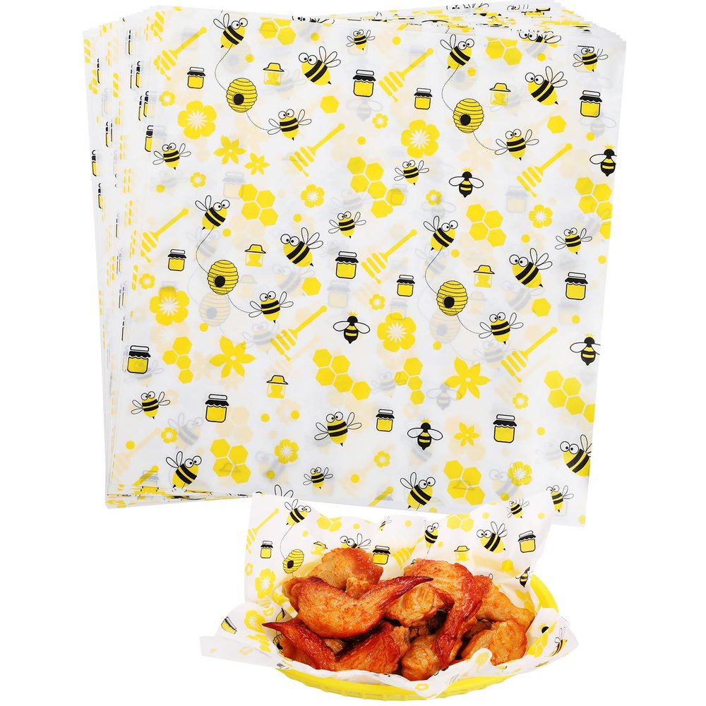 GeeRic 100 Pcs Wax Paper Sheets for Food, 12 * 12 Inch Bee Day Wax Paper Sandwich Wrap Deli Wraps, Oil-Proof Picnic Basket Liners with Bee Pattern for Memorial Day