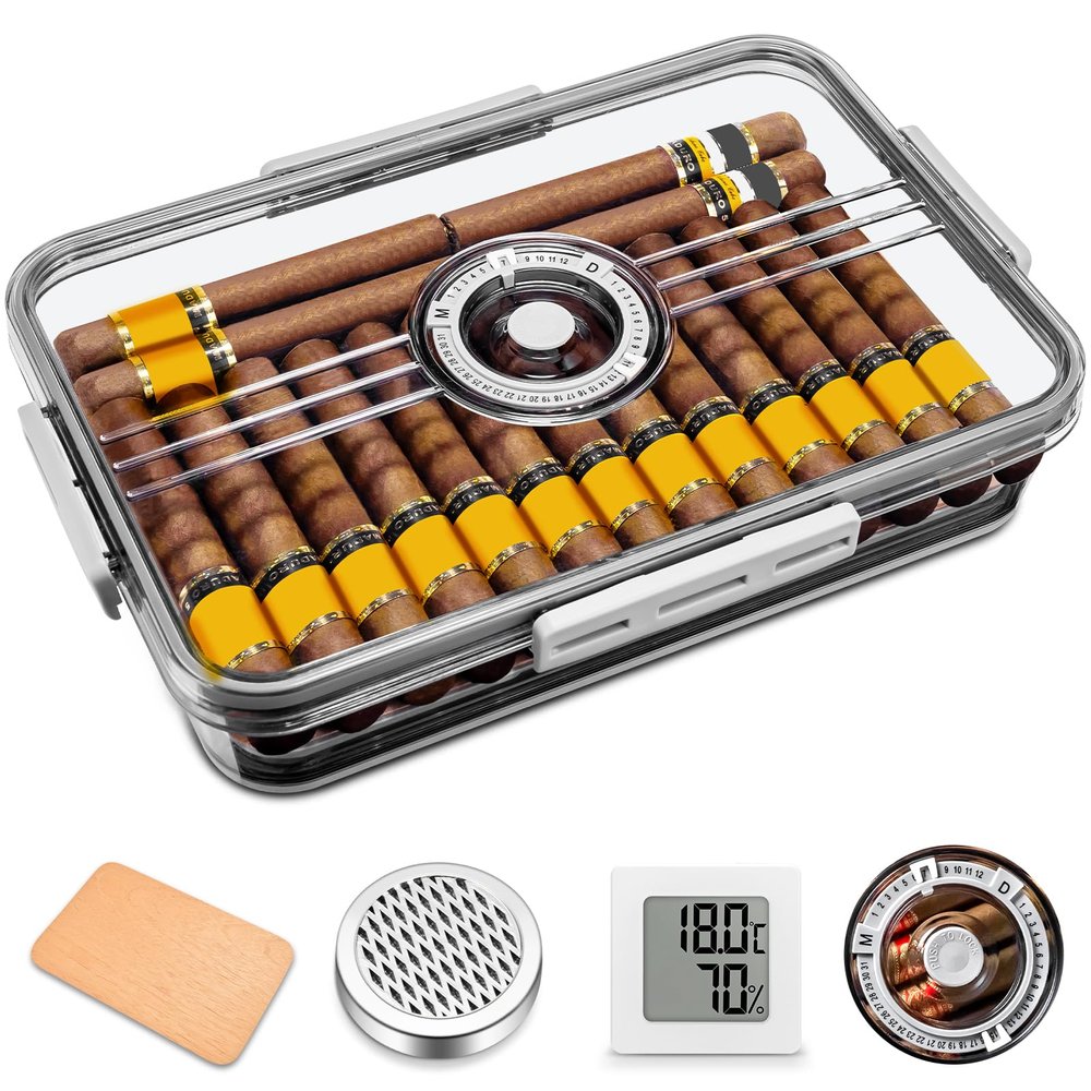 Acrylic Cigar Humidor Tupperdor- Airtight with Spanish Cedar Paper, Humidifier & Hygrometer, Portable Cigar Humidor Clear Cigars ContainerHold about 20-30 cigars (M)