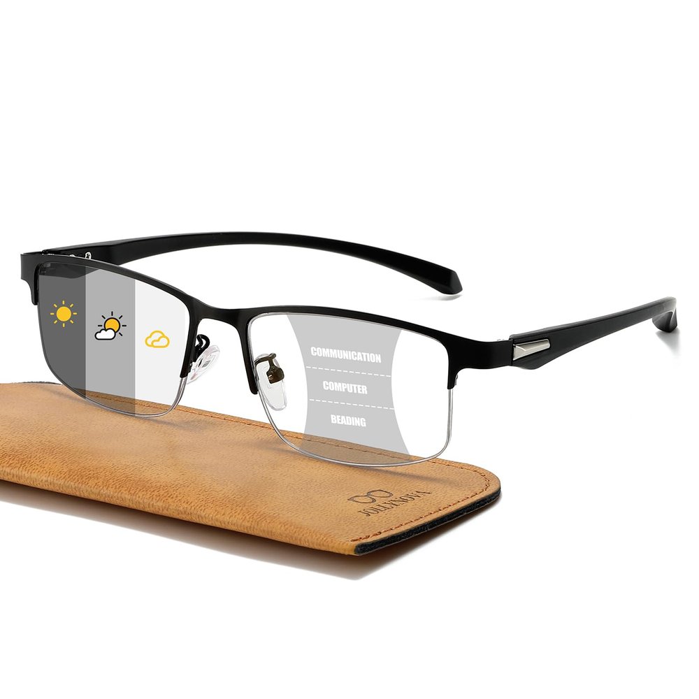 JOLLYNOVA Photochromic Progressive Reading Glasses Men,Half Rim TR90 Temples Blue Light Blocking Multifocus Computer Readers (Progressive/Variable Tinted Grey Color Lens, 2, Diopters)