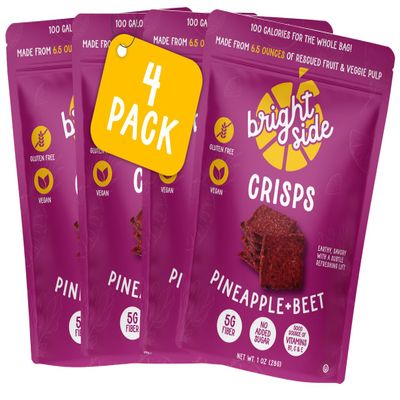 Bright Side Crisps - Pineapple + Beet - Just Two Ingredients: 100% Upcycled Pineapple and Beet Pulp, High Fiber, No Sugar Added, Vegan, Gluten-Free, 100 Calories, Healthy All-Natural Chip and Cracker Alternative (4-Pack, 1 oz Pouch PB)