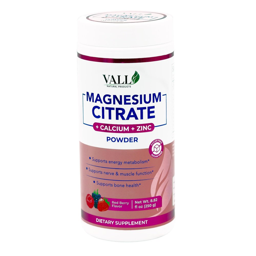 Vall Natural Products - Magnesium Citrate - Powder, Red Berry Flavor, 8.8 oz (250 g) - Supports Energy Production, Bone & Digestive Health - Sugar-Free, Suitable for Ages 10+