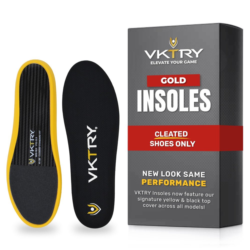 VKTRY Gold for Cleated Shoes - Carbon Fiber Performance Insoles - Customized Athletic Inserts for Soccer & Track | Shock Absorption, Run Fast, Jump High, US: Men 7-7.5, Women 9-9.5, 121-170 lbs