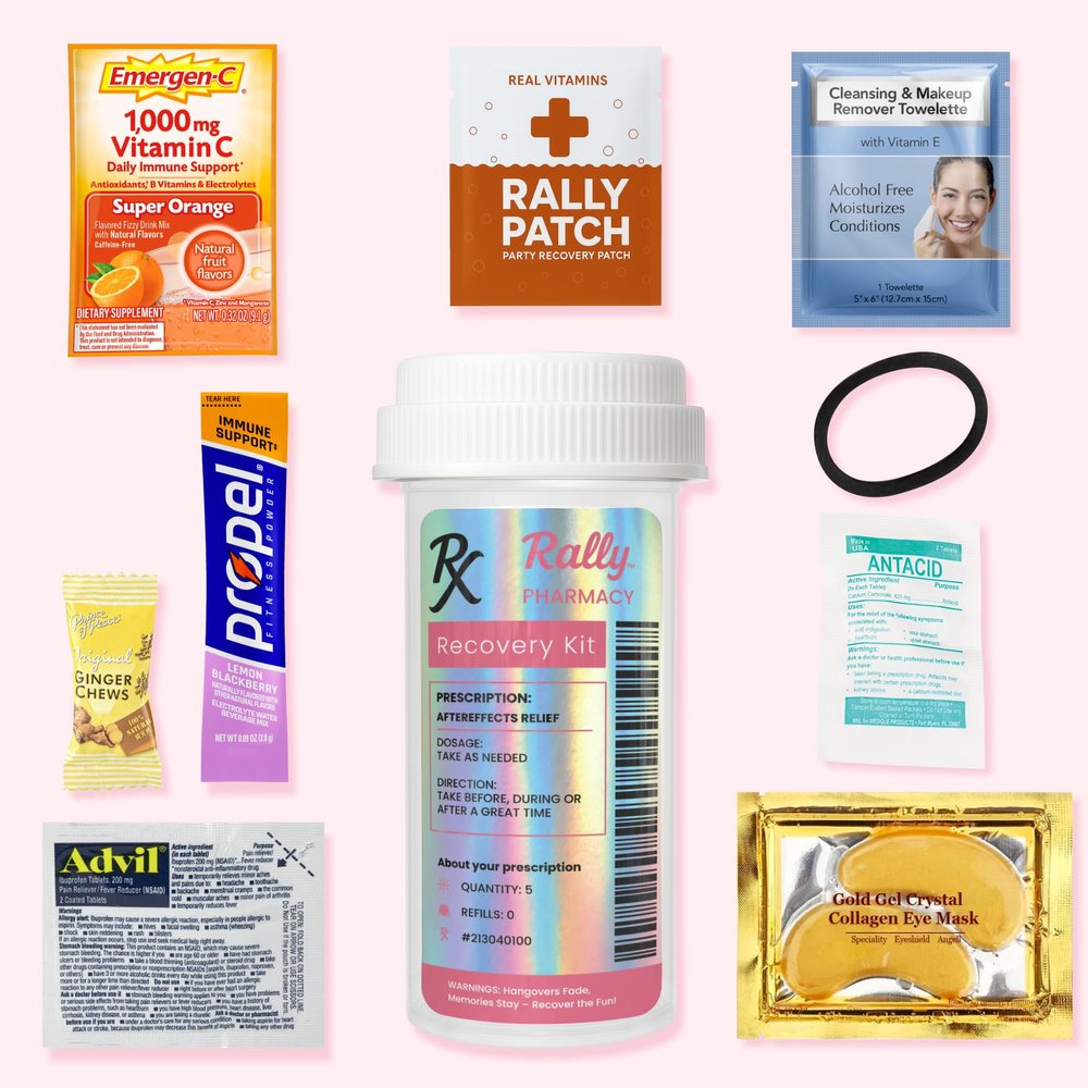 Rally 5 Pre-Filled Hangover Kits Bottle for Bachelorette Party Favors, 21st Birthday Gift, Wedding Favors, Girls Trips, Cruises & Celebrations | 9 Piece Hangover Supplies & Bag