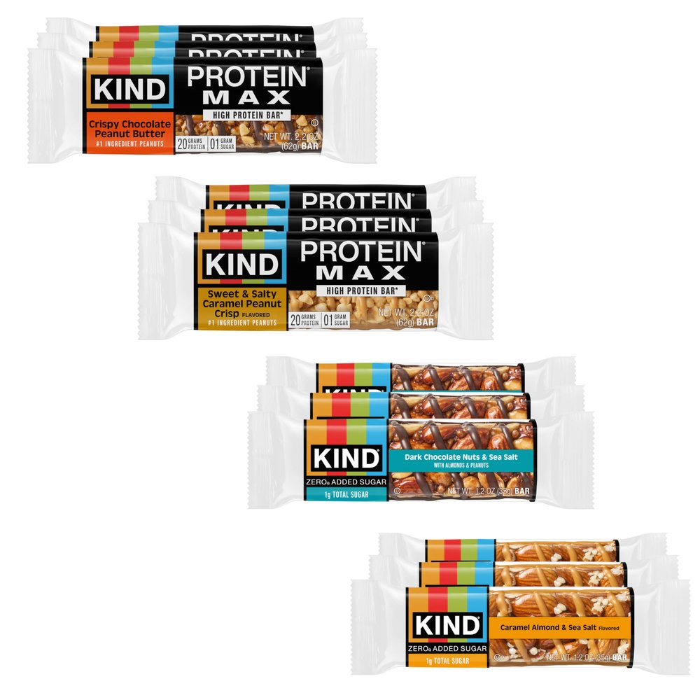 KIND Protein MAX and Zero Added Sugar Snack Bars Bundle Pack, Gluten Free, High Fiber, Keto Snacks, 4 Flavors, 5-20g Protein, 12 Count
