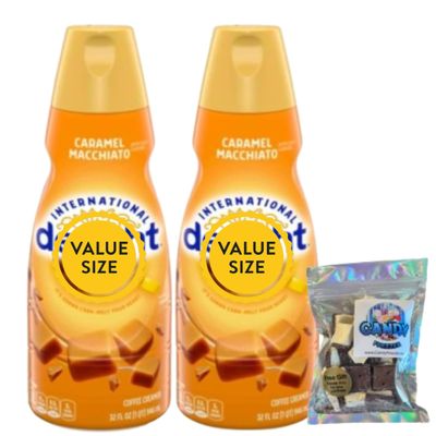Caramel Macchiato Liquid Coffee Creamer.- Two (2) 32 fl oz Bottles of Smooth & Creamy Delightful Coffee Creamer with Candy Freezer Freeze Dried Ice Cream Bites (Caramel Macchiato) - Candy