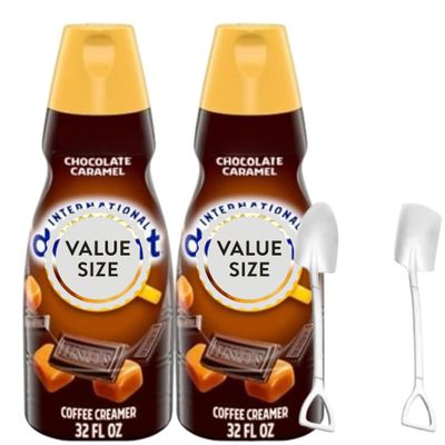 Chocolate Caramel Liquid Coffee Creamer.- Two (2) 32 fl oz Bottles of Creamy Smooth Delightful Coffee Creamer and Candy Freezer Mini Metal Shovel Spoons (Chocolate Caramel) Shovel Spoons