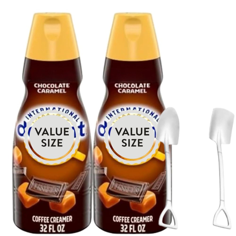 Chocolate Caramel Liquid Coffee Creamer.- Two (2) 32 fl oz Bottles of Creamy Smooth Delightful Coffee Creamer and Candy Freezer Mini Metal Shovel Spoons (Chocolate Caramel) Shovel Spoons