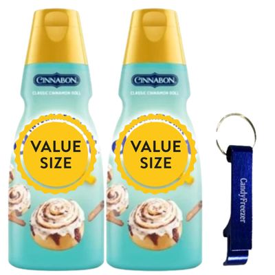 Cinnabon Classic Cinnamon Roll Liquid Coffee Creamer.- Two (2) 32 fl oz Bottles of Creamy Smooth Delightful Coffee Creamer and Candy Freezer Bottle Opener Keychain (Cinnabon Classic Cinnamon Roll) Keychain