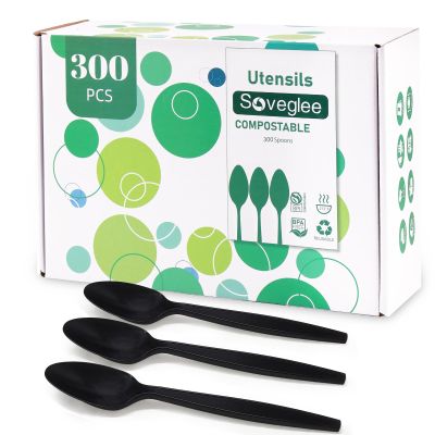 100% Compostable Spoons, 300 Disposable Spoons, Black No Plastic Spoons, BPA-Free Heavy Duty Disposable Utensils, Ecofriendly Compostable Cutlery for Party Wedding Picnic
