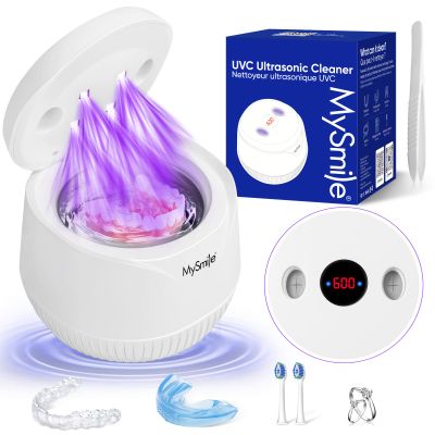 MySmile Dental Ultrasonic Retainer Cleaner Machine- 45kHz UV Denture Cleaner with 200ML Capacity for Aligner, Braces, Mouth Guard, Night Guard, Portable Dental Cleaning Pod with Digital Timer (White)