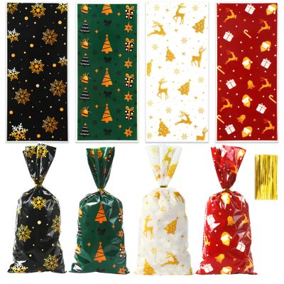 Christmas Cellophane Treat Goodie Bags, 100 PCS Christmas Candy Cookie Snack Gift Bag, Plastic Xmas Goody Wrapping Bag with Twist Ties for Gift Wrap Xmas Holiday Party Favors, 10.8 x 4.9 In (4 Styles)