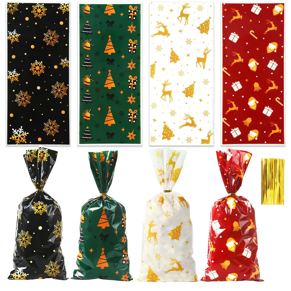 Christmas Cellophane Treat Goodie Bags, 100 PCS Christmas Candy Cookie Snack Gift Bag, Plastic Xmas Goody Wrapping Bag with Twist Ties for Gift Wrap Xmas Holiday Party Favors, 10.8 x 4.9 In (4 Styles)