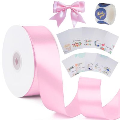 1-1/2 inch Pink Solid Satin Ribbon with Thank You Cards & Stickers,50 Yards Ribbon for Bows Bouquet,Gift Wrapping,Wedding,Floral Arrangement,Christmas Decorations