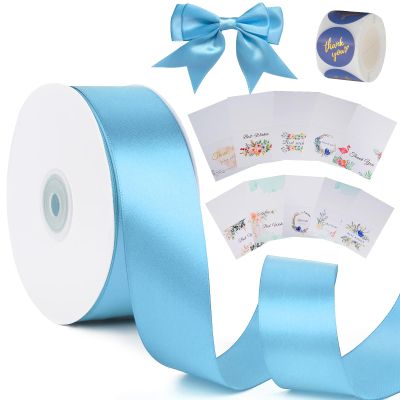1-1/2 inch Aqua Blue Solid Satin Ribbon with Thank You Cards & Stickers,50 Yards Ribbon for Bows Bouquet,Gift Wrapping,Wedding,Floral Arrangement,Christmas Decorations