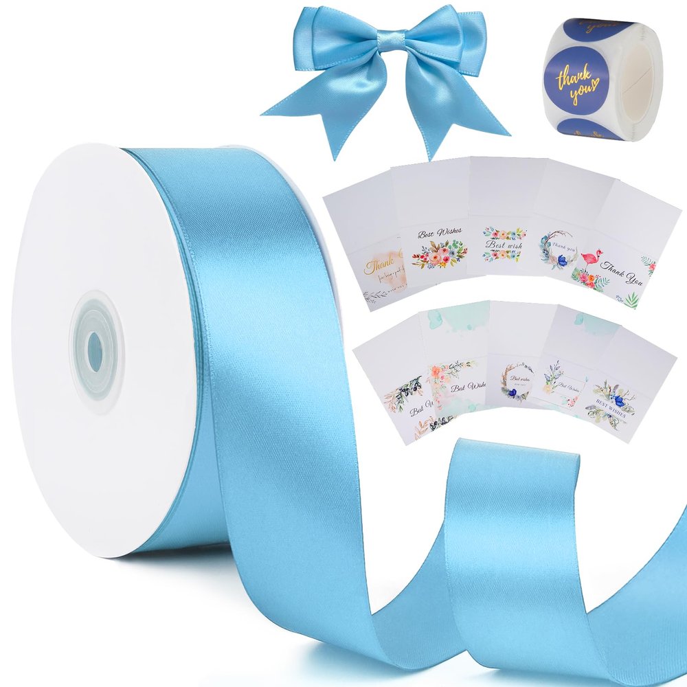 1-1/2 inch Aqua Blue Solid Satin Ribbon with Thank You Cards & Stickers,50 Yards Ribbon for Bows Bouquet,Gift Wrapping,Wedding,Floral Arrangement,Christmas Decorations