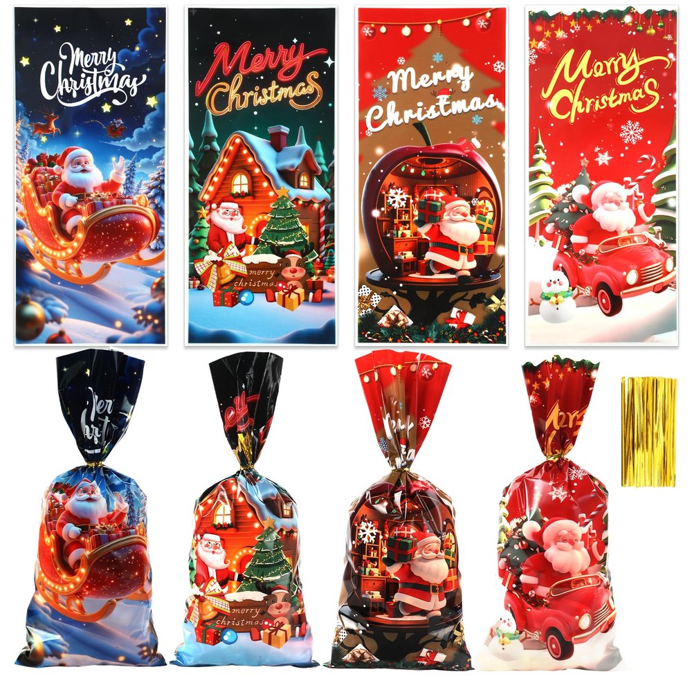 Christmas Cellophane Treat Bags, 100 PCS Christmas Goodie Candy Cookie Gift Goody Bag, Plastic Xmas Snack Wrapping Bag with Twist Ties for Gift Wrap Xmas Holiday Party Favors, 10.8 x 4.9 In (4 Styles)