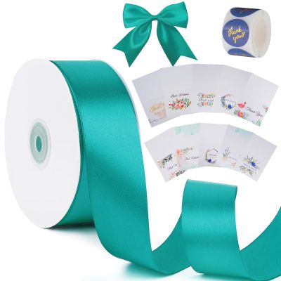 1-1/2 inch Peacock Blue Solid Satin Ribbon with Thank You Cards & Stickers,50 Yards Ribbon for Bows Bouquet,Gift Wrapping,Wedding,Floral Arrangement,Christmas Decorations